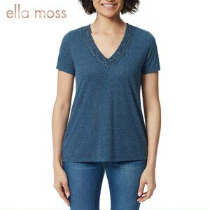 NWT Ella Moss Women's Super Soft Lightweight V-Neck Lace Blue T-Shirt Top